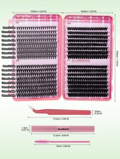 640pcs Mixed DIY Eyelash Extension Kit, High Capacity Individual Lashes, 9-16mm Mixed D-Curl Effect, Natural Lightweight, Soft & Comfortable, Long-Lasting. Kit Includes Lash Glue, Tweezers And Lash Br