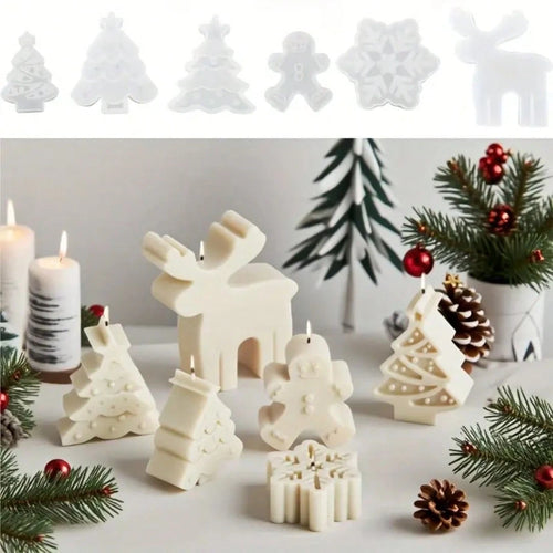 6pcs Christmas Themed Silicone Candle Molds: Reusable, Easy Release, Suitable For DIY Aromatherapy Candles, Handmade Soap And Plaster Decor – Includes Tree, Snowflake, Snowman And Reindeer Patterns –