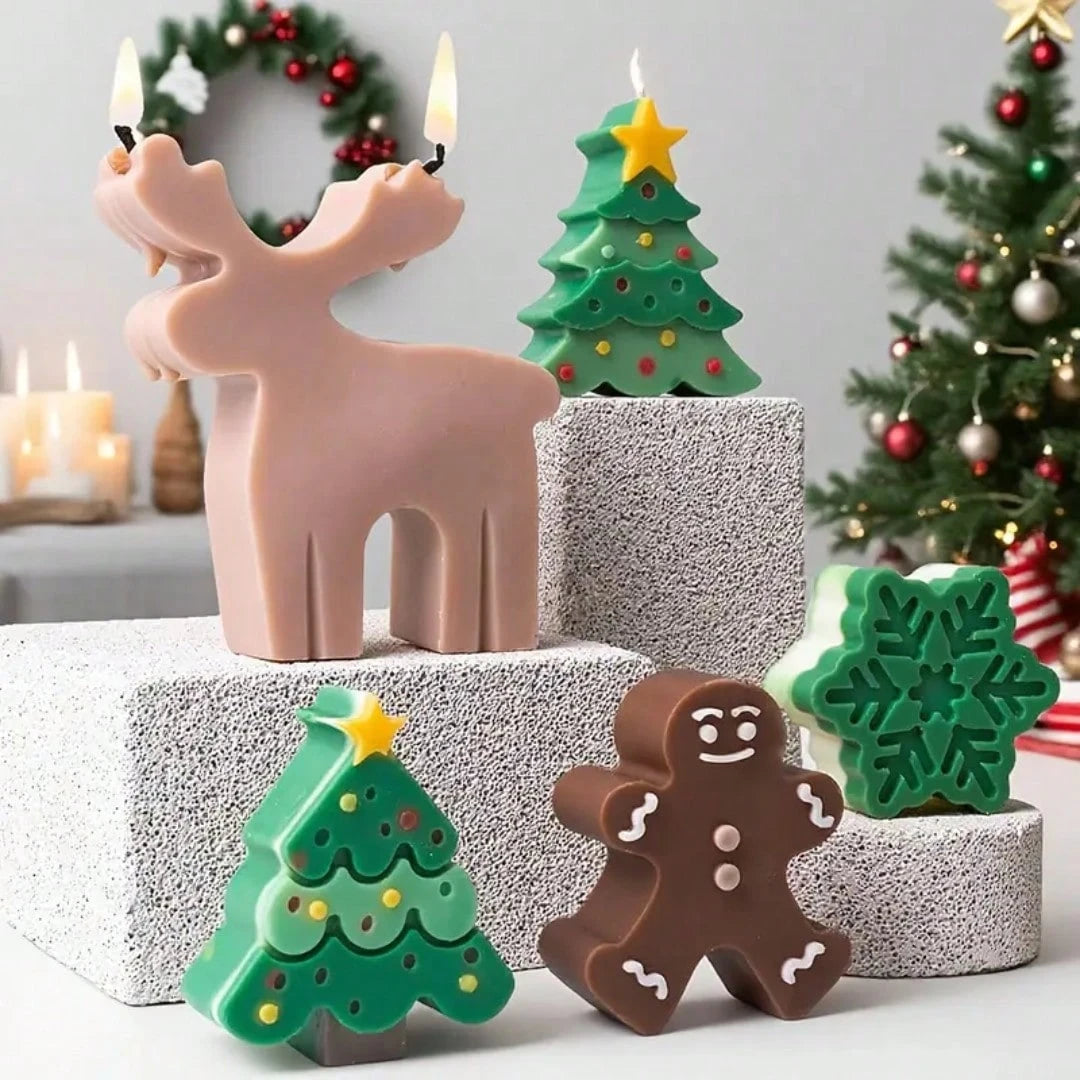 6pcs Christmas Themed Silicone Candle Molds: Reusable, Easy Release, Suitable For DIY Aromatherapy Candles, Handmade Soap And Plaster Decor – Includes Tree, Snowflake, Snowman And Reindeer Patterns –