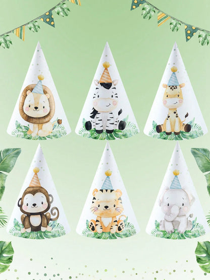 6pcs Jungle Animal Theme 1st Birthday Party Hats, Jungle Theme Wild Party Paper Hats Suitable For Birthday Photo Props, Baby Boy Party Decorations, Baby Shower Decorations, Gender Reveal Decorations