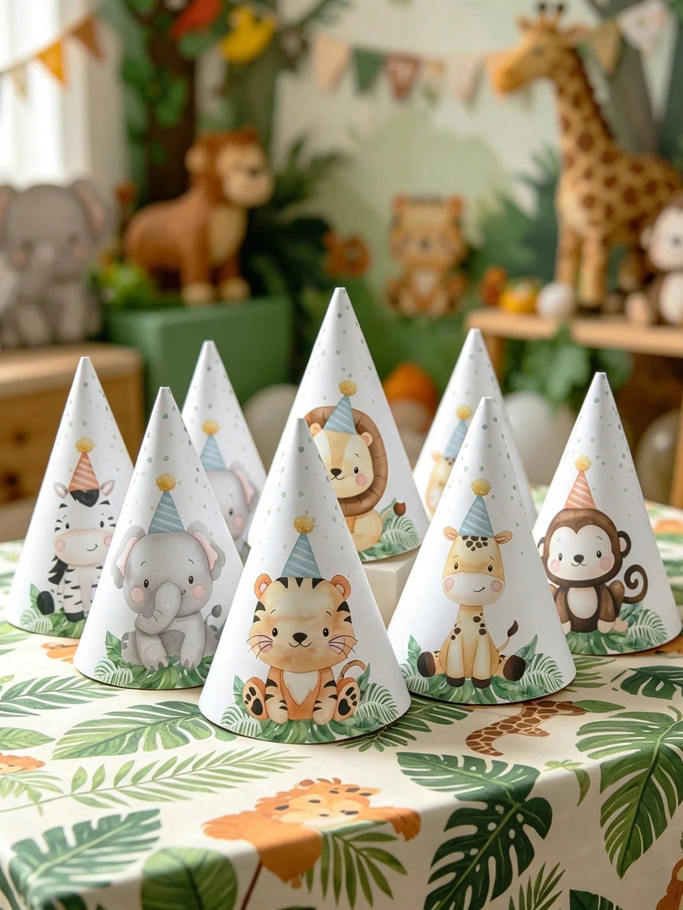 6pcs Jungle Animal Theme 1st Birthday Party Hats, Jungle Theme Wild Party Paper Hats Suitable For Birthday Photo Props, Baby Boy Party Decorations, Baby Shower Decorations, Gender Reveal Decorations