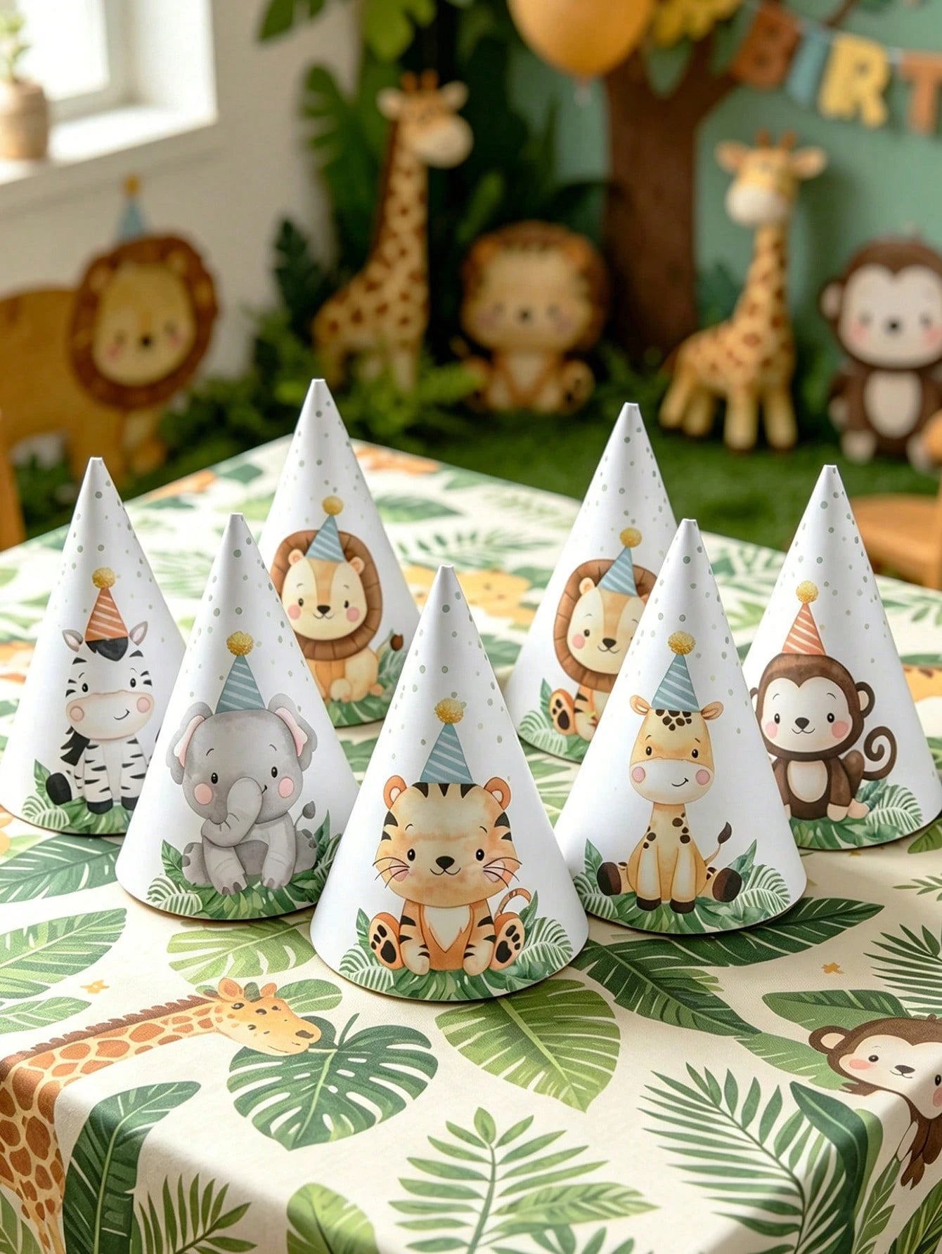 6pcs Jungle Animal Theme 1st Birthday Party Hats, Jungle Theme Wild Party Paper Hats Suitable For Birthday Photo Props, Baby Boy Party Decorations, Baby Shower Decorations, Gender Reveal Decorations