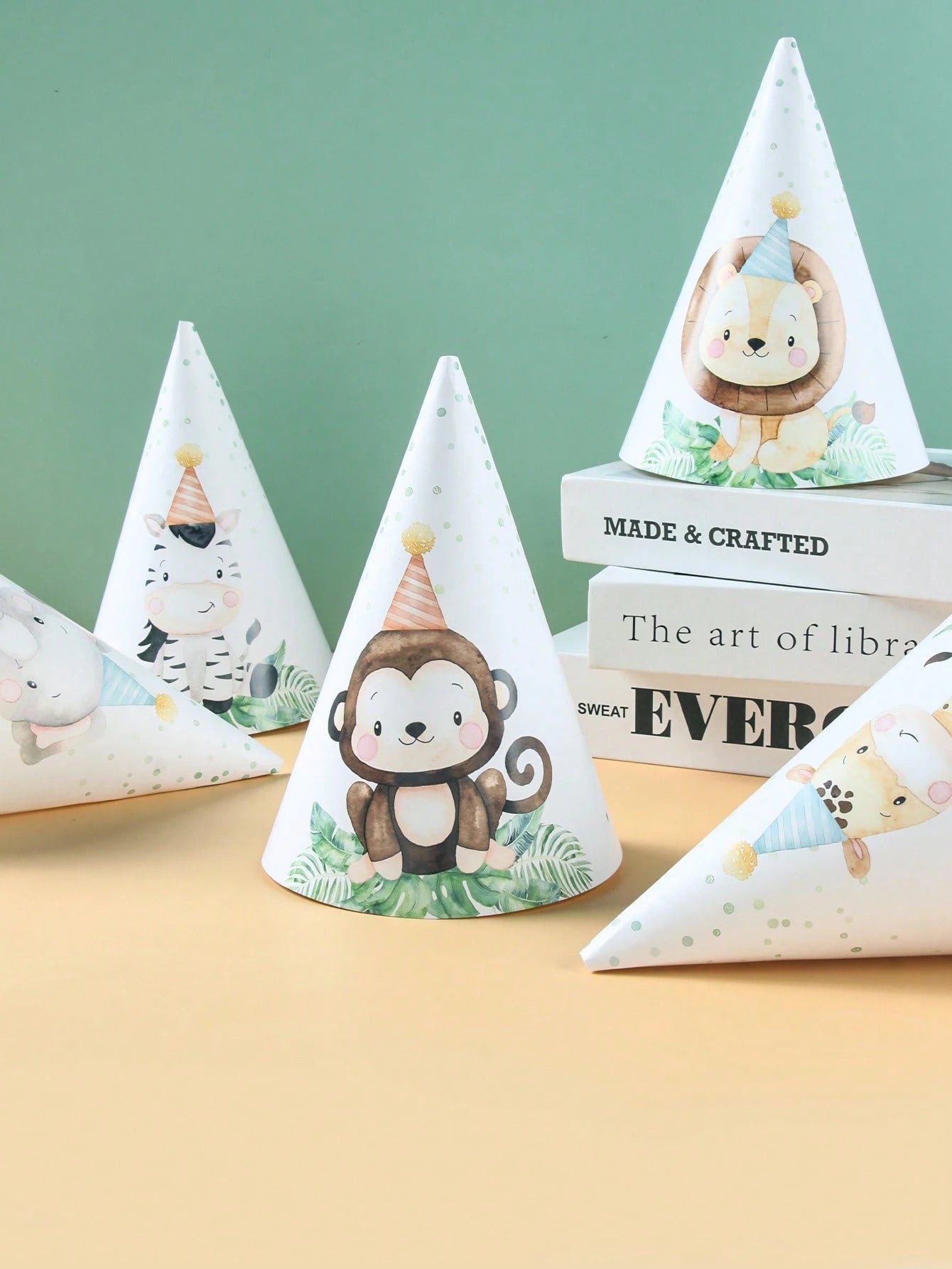 6pcs Jungle Animal Theme 1st Birthday Party Hats, Jungle Theme Wild Party Paper Hats Suitable For Birthday Photo Props, Baby Boy Party Decorations, Baby Shower Decorations, Gender Reveal Decorations