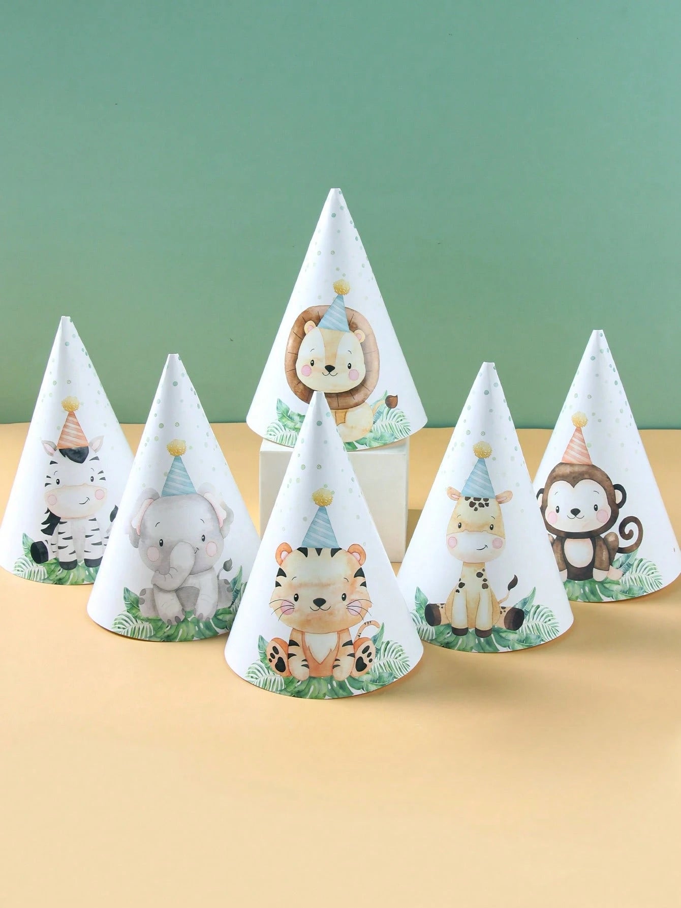 6pcs Jungle Animal Theme 1st Birthday Party Hats, Jungle Theme Wild Party Paper Hats Suitable For Birthday Photo Props, Baby Boy Party Decorations, Baby Shower Decorations, Gender Reveal Decorations