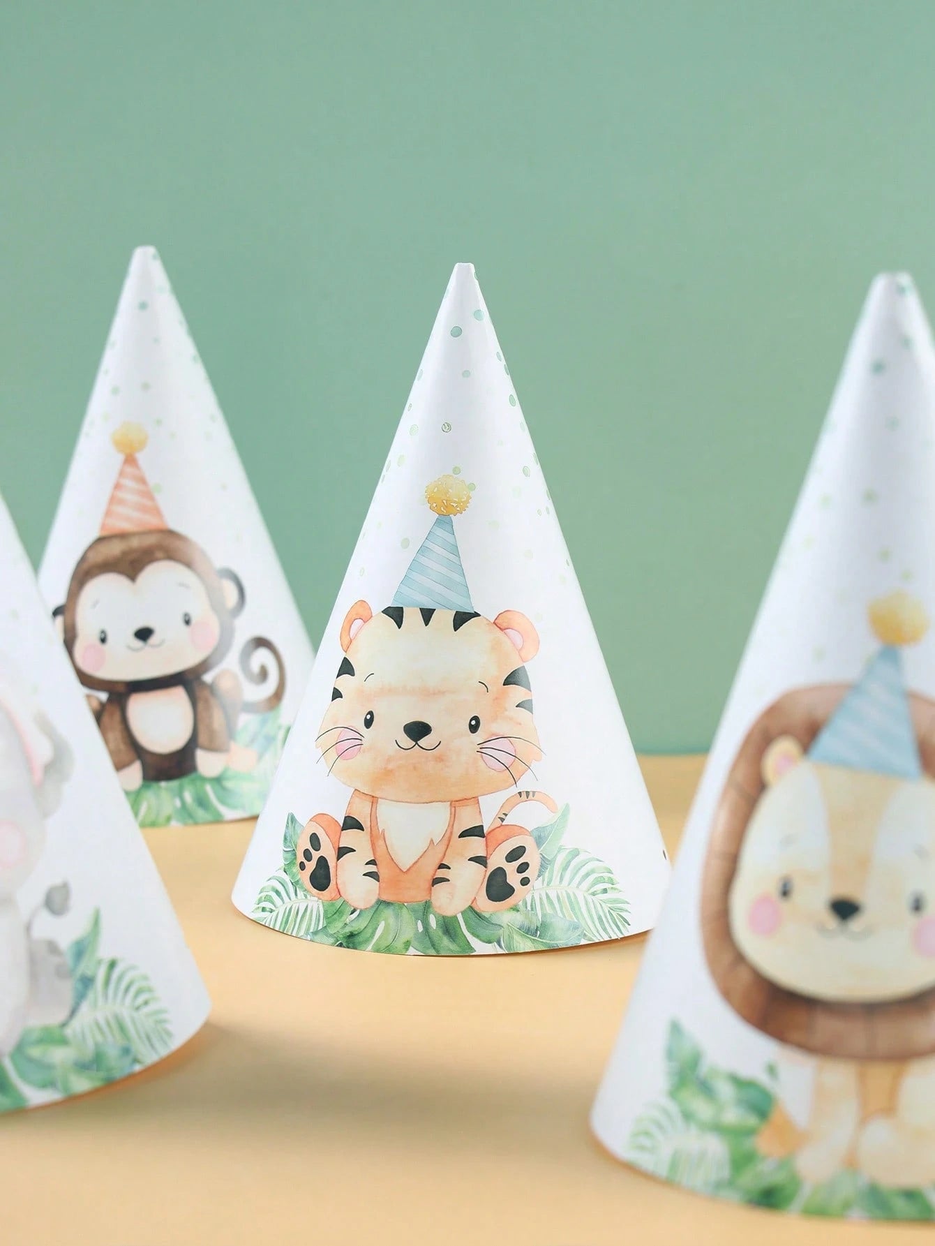 6pcs Jungle Animal Theme 1st Birthday Party Hats, Jungle Theme Wild Party Paper Hats Suitable For Birthday Photo Props, Baby Boy Party Decorations, Baby Shower Decorations, Gender Reveal Decorations