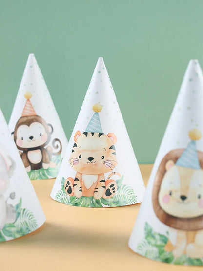 6pcs Jungle Animal Theme 1st Birthday Party Hats, Jungle Theme Wild Party Paper Hats Suitable For Birthday Photo Props, Baby Boy Party Decorations, Baby Shower Decorations, Gender Reveal Decorations