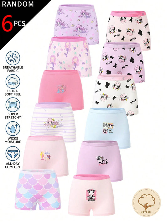 [6pcs Random Style] Girls Sweet Boxer Briefs, Made Of Soft Pink, Purple, Blue And White Fabric, Printed With Pixel Cartoon Bear, Mermaid And Capybara Patterns, Featuring Cute Striped Design And