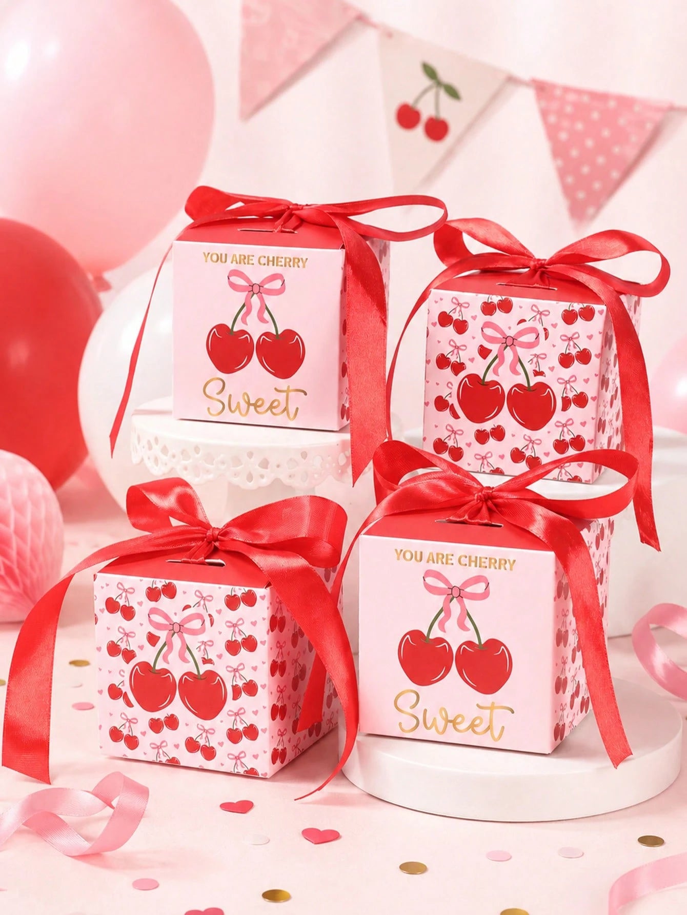 6pcs Red Cherry Gift Boxes With Bows, Baby Shower Gift Boxes, Girls Birthday Party Gift Packaging Boxes, Gender Reveal Party Gift Packaging Supplies, Bridal Shower Wedding Dessert Chocolate Candy Bags