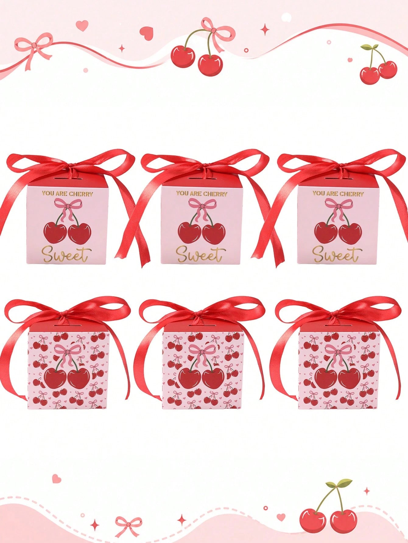 6pcs Red Cherry Gift Boxes With Bows, Baby Shower Gift Boxes, Girls Birthday Party Gift Packaging Boxes, Gender Reveal Party Gift Packaging Supplies, Bridal Shower Wedding Dessert Chocolate Candy Bags