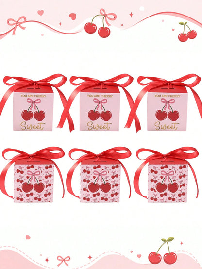 6pcs Red Cherry Gift Boxes With Bows, Baby Shower Gift Boxes, Girls Birthday Party Gift Packaging Boxes, Gender Reveal Party Gift Packaging Supplies, Bridal Shower Wedding Dessert Chocolate Candy Bags
