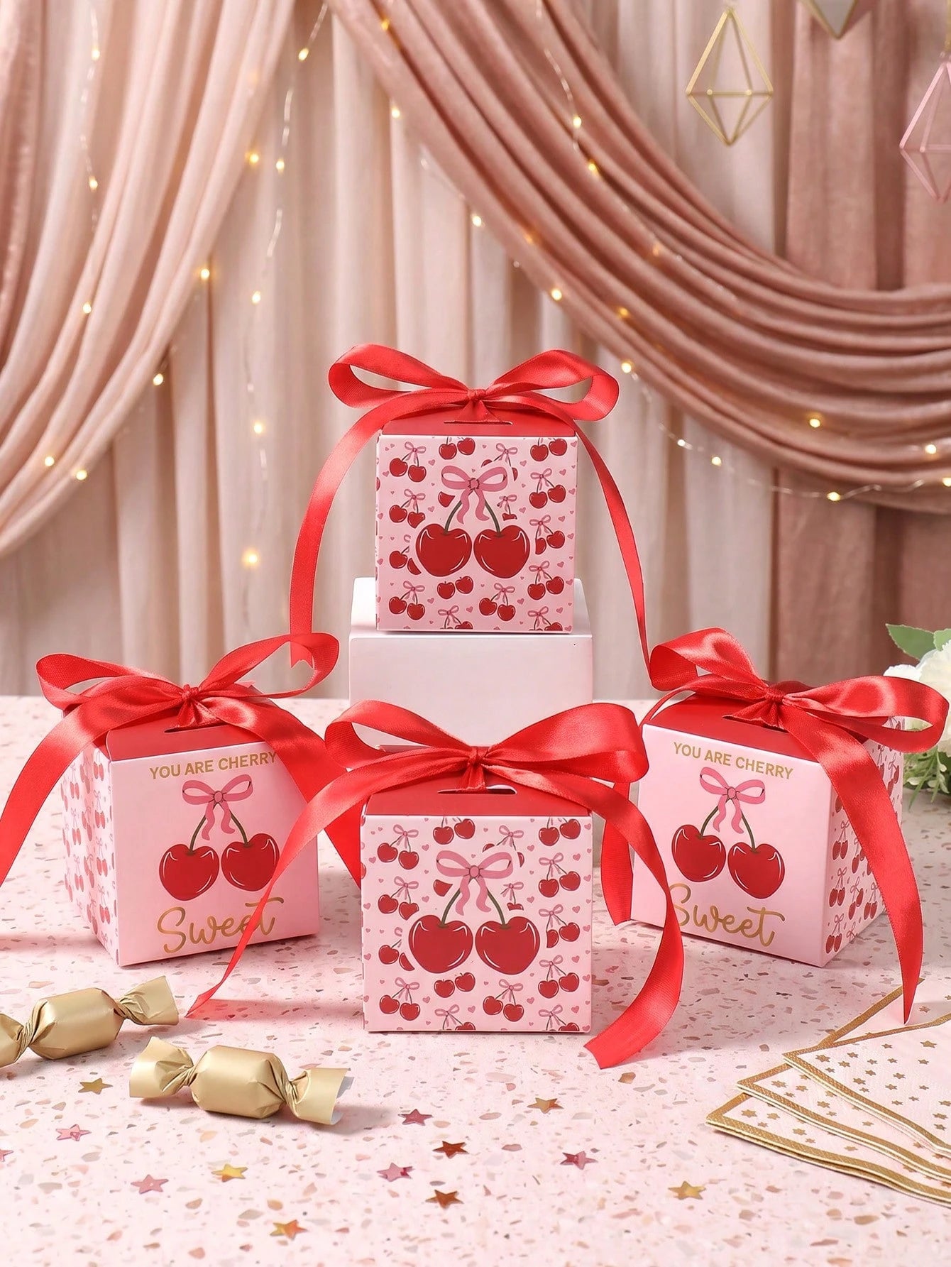 6pcs Red Cherry Gift Boxes With Bows, Baby Shower Gift Boxes, Girls Birthday Party Gift Packaging Boxes, Gender Reveal Party Gift Packaging Supplies, Bridal Shower Wedding Dessert Chocolate Candy Bags