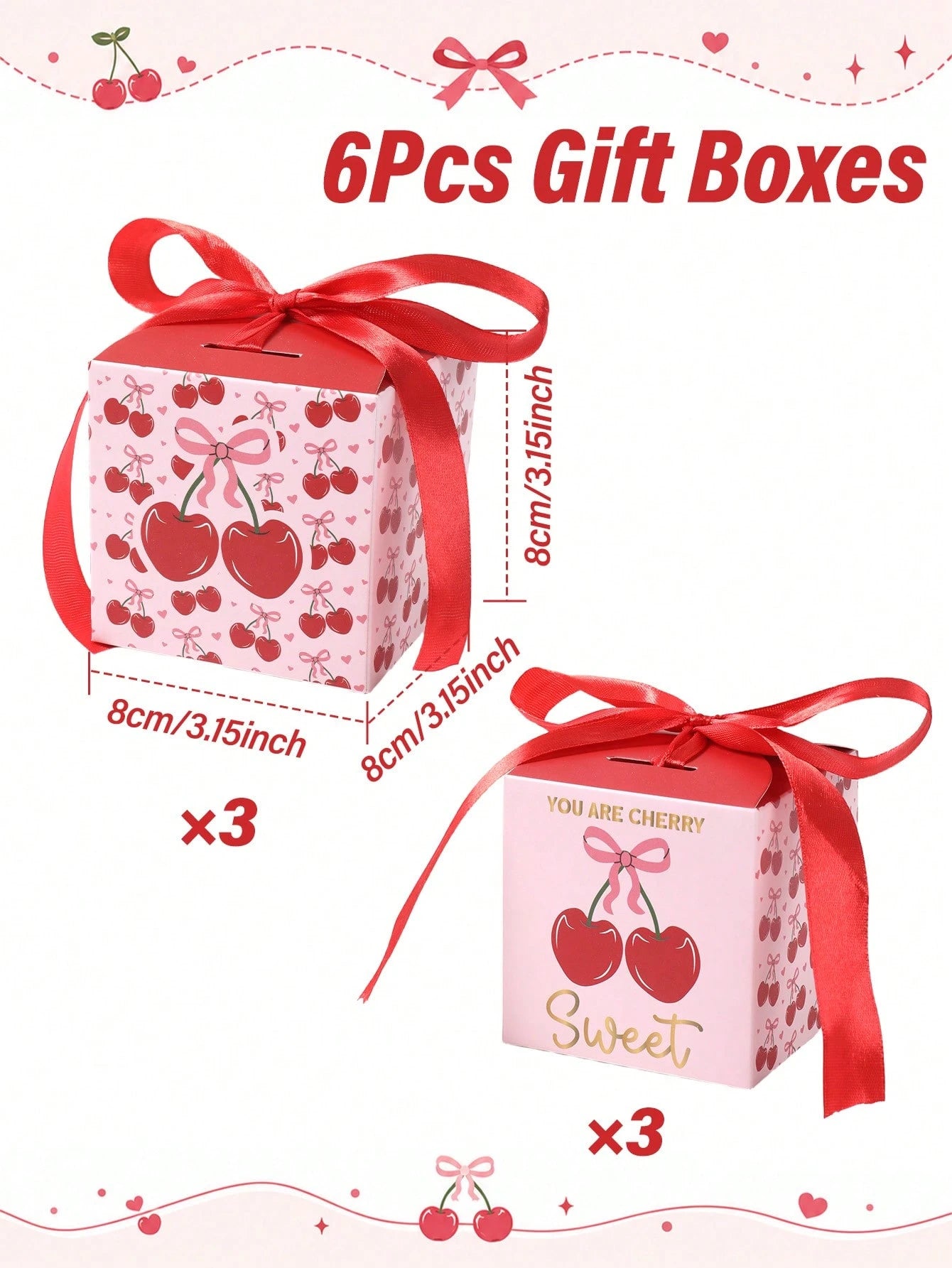 6pcs Red Cherry Gift Boxes With Bows, Baby Shower Gift Boxes, Girls Birthday Party Gift Packaging Boxes, Gender Reveal Party Gift Packaging Supplies, Bridal Shower Wedding Dessert Chocolate Candy Bags