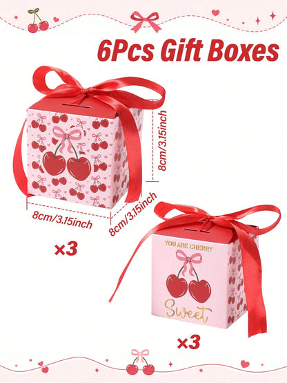 6pcs Red Cherry Gift Boxes With Bows, Baby Shower Gift Boxes, Girls Birthday Party Gift Packaging Boxes, Gender Reveal Party Gift Packaging Supplies, Bridal Shower Wedding Dessert Chocolate Candy Bags