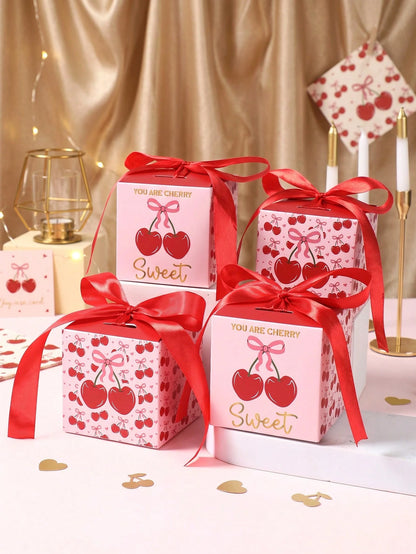 6pcs Red Cherry Gift Boxes With Bows, Baby Shower Gift Boxes, Girls Birthday Party Gift Packaging Boxes, Gender Reveal Party Gift Packaging Supplies, Bridal Shower Wedding Dessert Chocolate Candy Bags