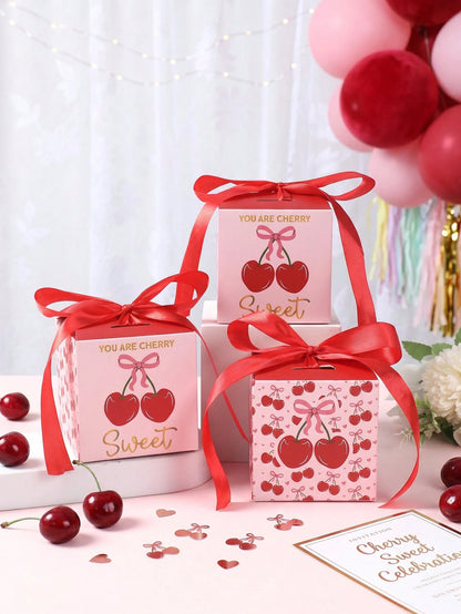6pcs Red Cherry Gift Boxes With Bows, Baby Shower Gift Boxes, Girls Birthday Party Gift Packaging Boxes, Gender Reveal Party Gift Packaging Supplies, Bridal Shower Wedding Dessert Chocolate Candy Bags