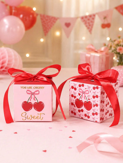 6pcs Red Cherry Gift Boxes With Bows, Baby Shower Gift Boxes, Girls Birthday Party Gift Packaging Boxes, Gender Reveal Party Gift Packaging Supplies, Bridal Shower Wedding Dessert Chocolate Candy Bags