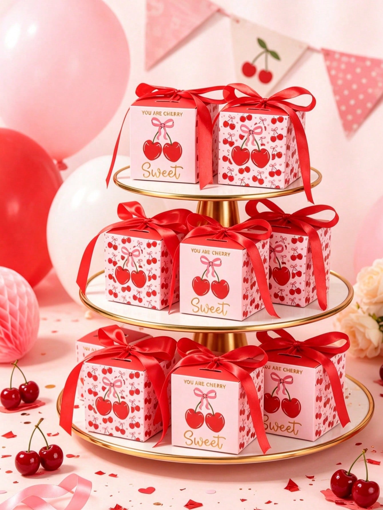 6pcs Red Cherry Gift Boxes With Bows, Baby Shower Gift Boxes, Girls Birthday Party Gift Packaging Boxes, Gender Reveal Party Gift Packaging Supplies, Bridal Shower Wedding Dessert Chocolate Candy Bags