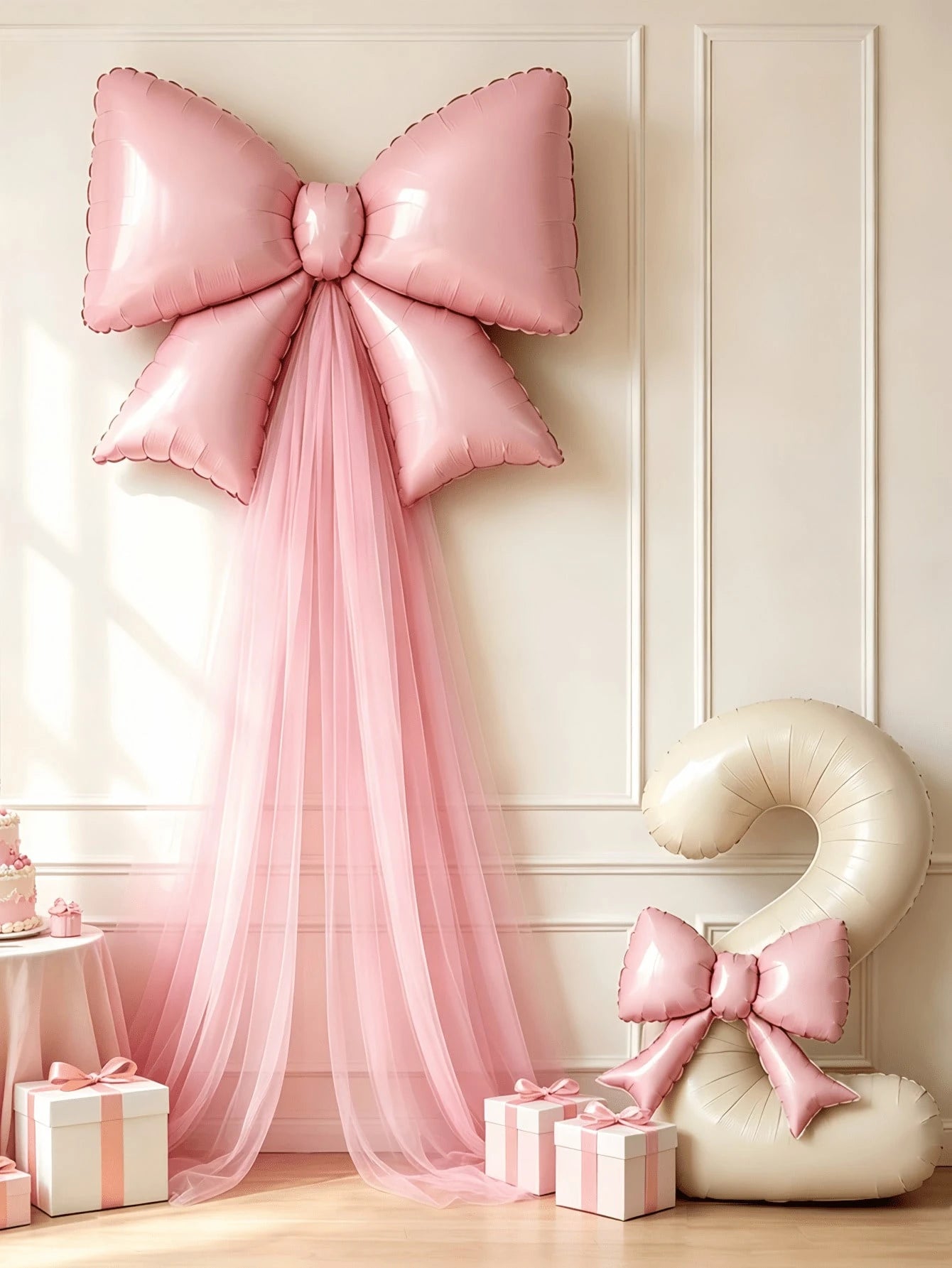 6pcs/Set Bow Birthday Background Decoration Balloon Set, Includes 32-Inch Cream White Number Foil Balloons 0-9, Light Pink Bow Balloons With Pink Tulle