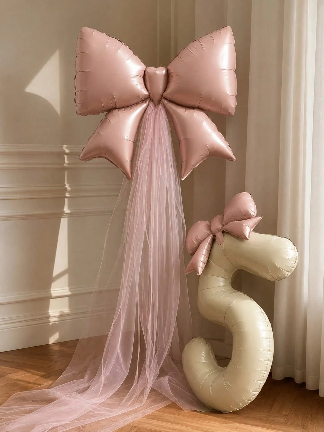6pcs/Set Bow Birthday Background Decoration Balloon Set, Includes 32-Inch Cream White Number Foil Balloons 0-9, Light Pink Bow Balloons With Pink Tulle