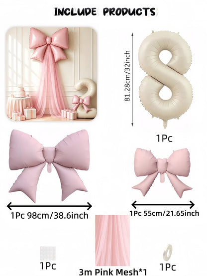 6pcs/Set Bow Birthday Background Decoration Balloon Set, Includes 32-Inch Cream White Number Foil Balloons 0-9, Light Pink Bow Balloons With Pink Tulle
