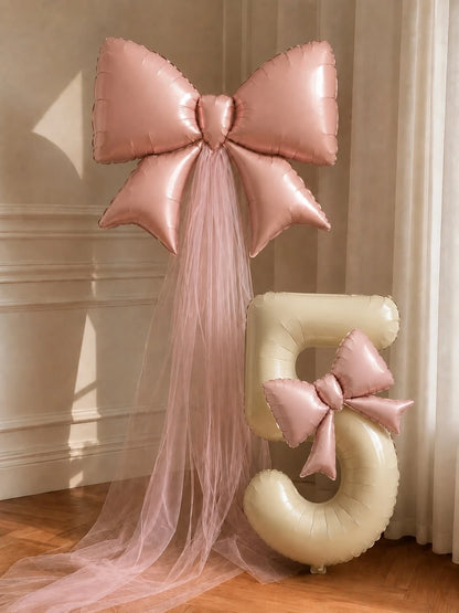 6pcs/Set Bow Birthday Background Decoration Balloon Set, Includes 32-Inch Cream White Number Foil Balloons 0-9, Light Pink Bow Balloons With Pink Tulle