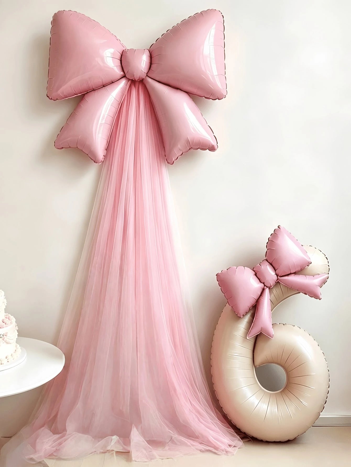 6pcs/Set Bow Birthday Background Decoration Balloon Set, Includes 32-Inch Cream White Number Foil Balloons 0-9, Light Pink Bow Balloons With Pink Tulle