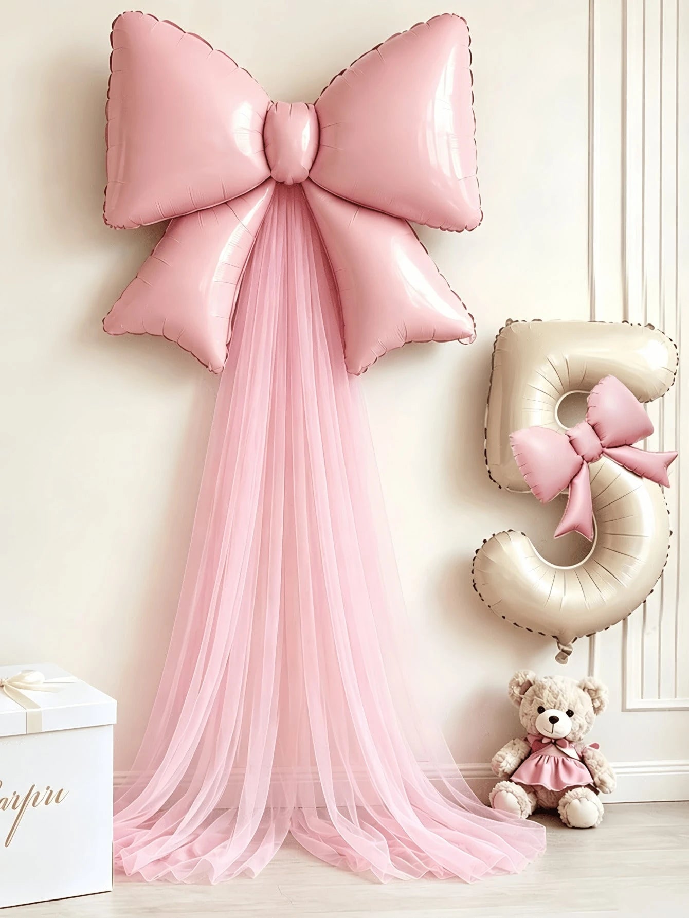 6pcs/Set Bow Birthday Background Decoration Balloon Set, Includes 32-Inch Cream White Number Foil Balloons 0-9, Light Pink Bow Balloons With Pink Tulle