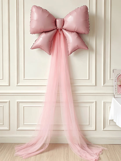 6pcs/Set Bow Birthday Background Decoration Balloon Set, Includes 32-Inch Cream White Number Foil Balloons 0-9, Light Pink Bow Balloons With Pink Tulle