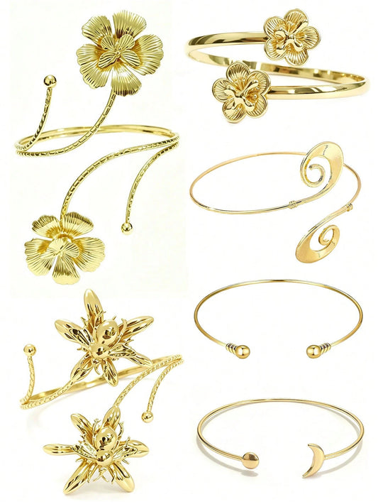 6pcs Set Large Size Adjustable Metal Arm Cuffs, Floral Butterfly Bee Elements, Personalized Layered Design, Plus Size Arm Bracelets
