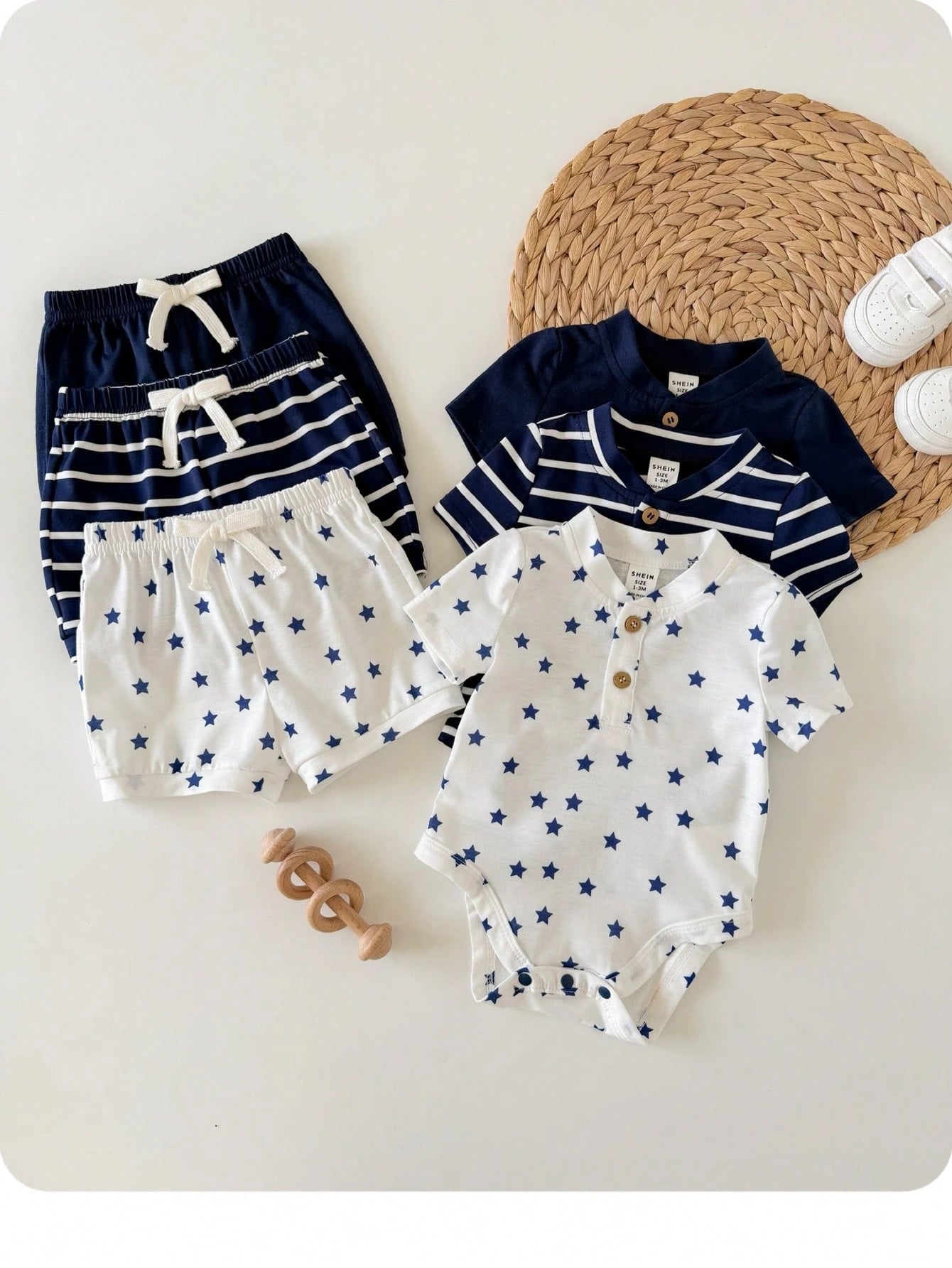6pcs/Set Newborn Baby Boy/Girl Cute Striped Blue Short Sleeve Bodysuit & Shorts 4-Piece Outfit, Suitable For Home & Outdoor, Summer