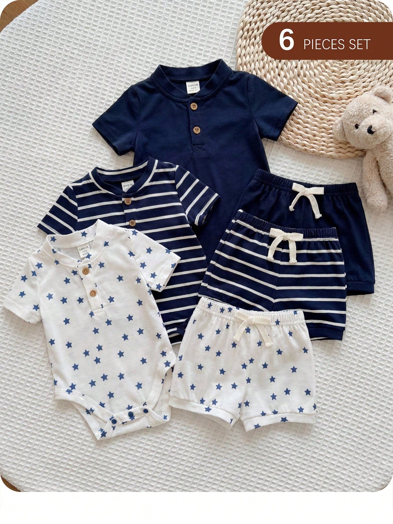 6pcs/Set Newborn Baby Boy/Girl Cute Striped Blue Short Sleeve Bodysuit & Shorts 4-Piece Outfit, Suitable For Home & Outdoor, Summer