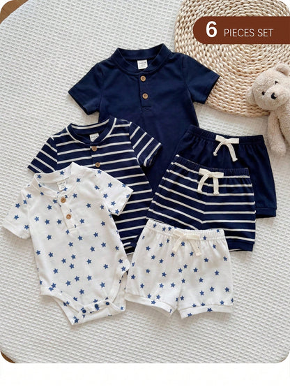 6pcs/Set Newborn Baby Boy/Girl Cute Striped Blue Short Sleeve Bodysuit & Shorts 4-Piece Outfit, Suitable For Home & Outdoor, Summer