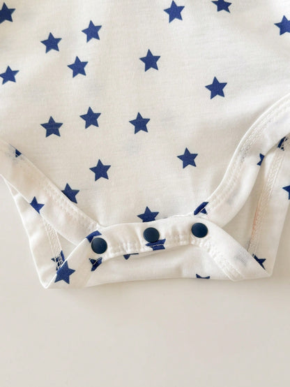 6pcs/Set Newborn Baby Boy/Girl Cute Striped Blue Short Sleeve Bodysuit & Shorts 4-Piece Outfit, Suitable For Home & Outdoor, Summer