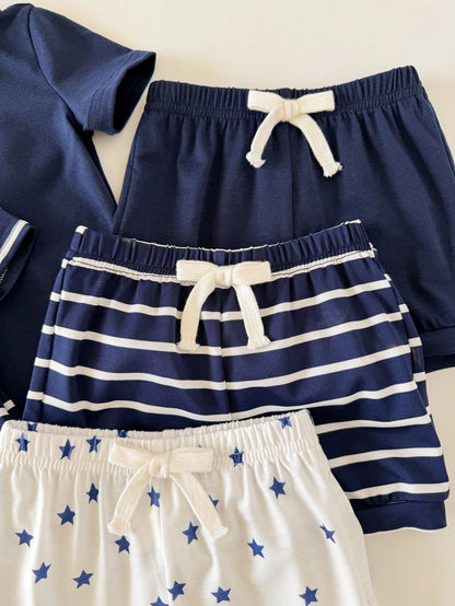 6pcs/Set Newborn Baby Boy/Girl Cute Striped Blue Short Sleeve Bodysuit & Shorts 4-Piece Outfit, Suitable For Home & Outdoor, Summer