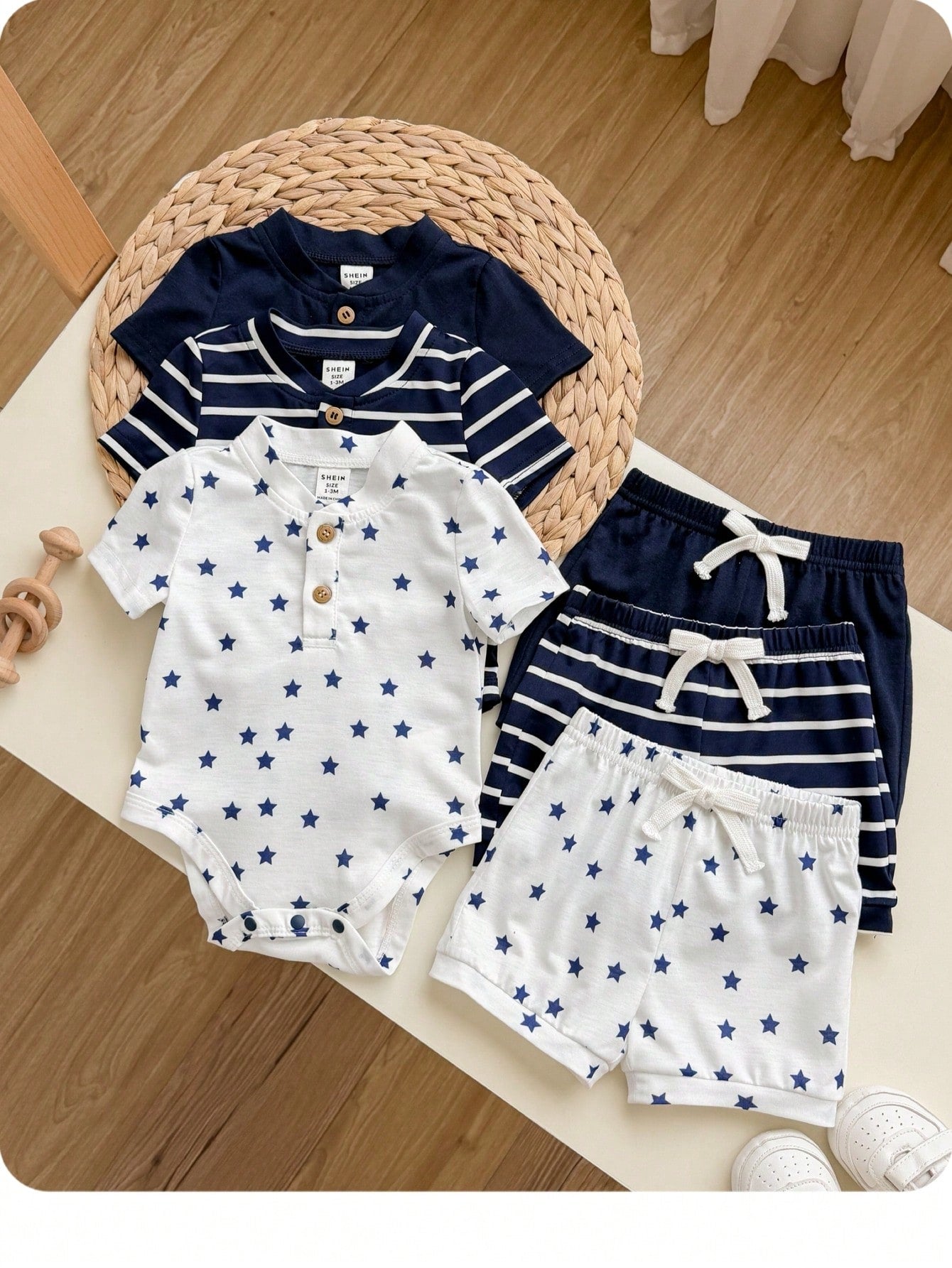 6pcs/Set Newborn Baby Boy/Girl Cute Striped Blue Short Sleeve Bodysuit & Shorts 4-Piece Outfit, Suitable For Home & Outdoor, Summer