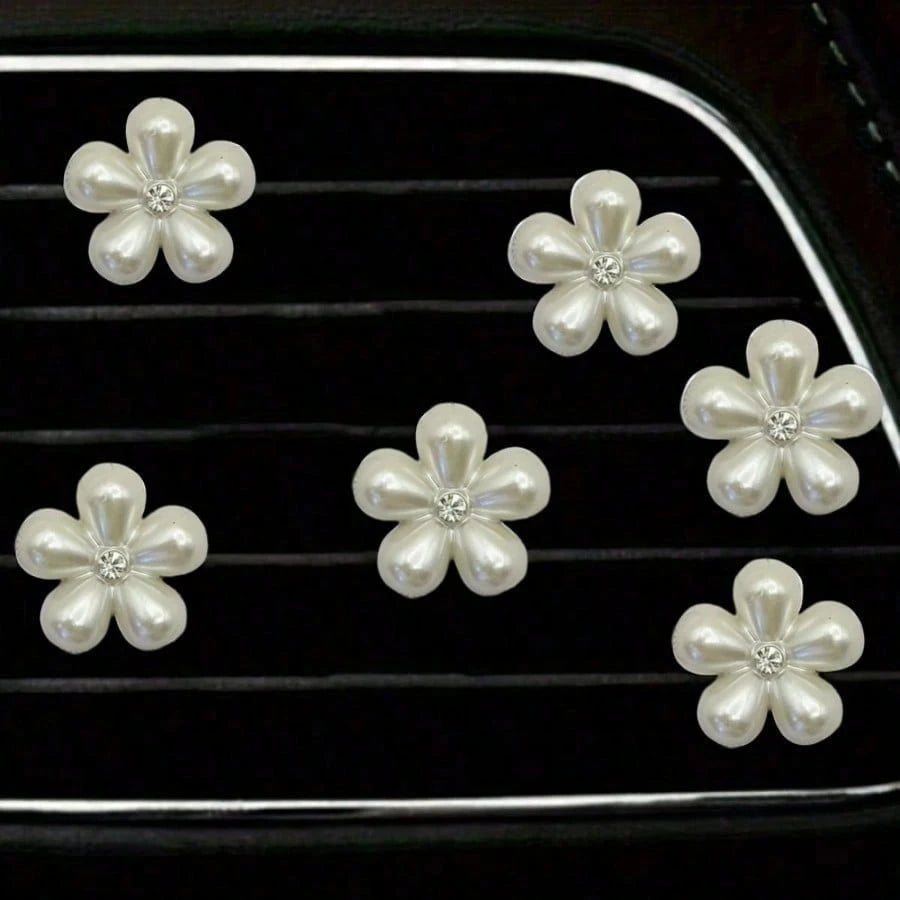 6pcs/Set Rhinestone & Pearl Car Air Vent Decor- Daisy Flower Vent Clip, Elegant Interior Accessories, Suitable For Dashboard, Bumper, Door Decor (Easy Installation), Decorate Dashboard With Premium C