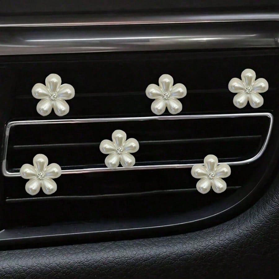 6pcs/Set Rhinestone & Pearl Car Air Vent Decor- Daisy Flower Vent Clip, Elegant Interior Accessories, Suitable For Dashboard, Bumper, Door Decor (Easy Installation), Decorate Dashboard With Premium C