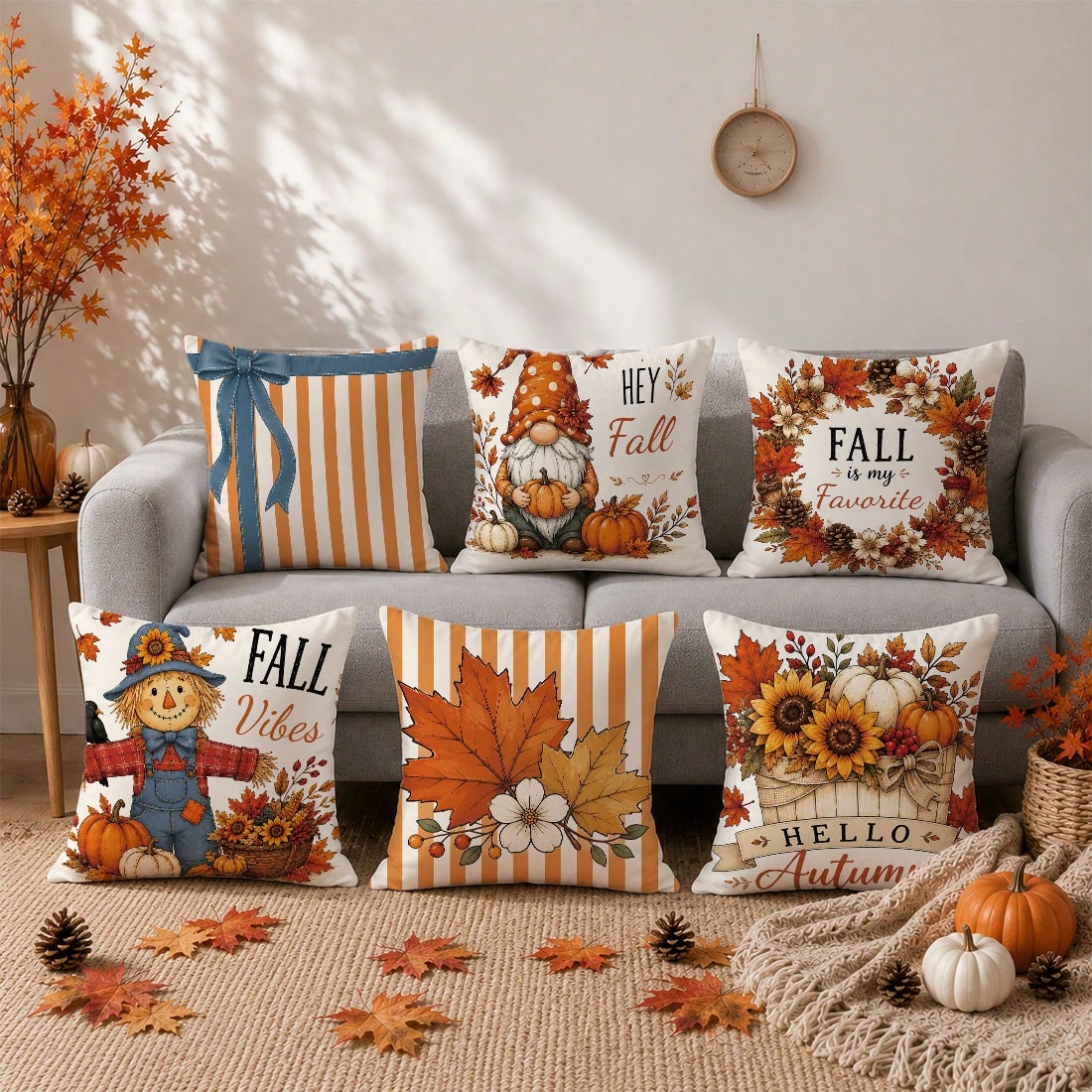 6pcs Vintage Autumn Scarecrow Pumpkin Floral Cushion Covers, Single-Sided Printed Peach Skin Polyester Material, 45*45CM/18*18inch Pillow Covers Suitable For Room Decor, Modern Minimalist Sofa Living