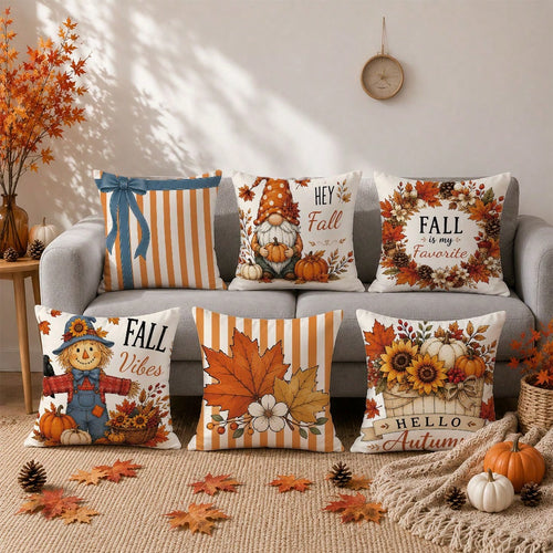 6pcs Vintage Autumn Scarecrow Pumpkin Floral Cushion Covers, Single-Sided Printed Peach Skin Polyester Material, 45*45CM/18*18inch Pillow Covers Suitable For Room Decor, Modern Minimalist Sofa Living