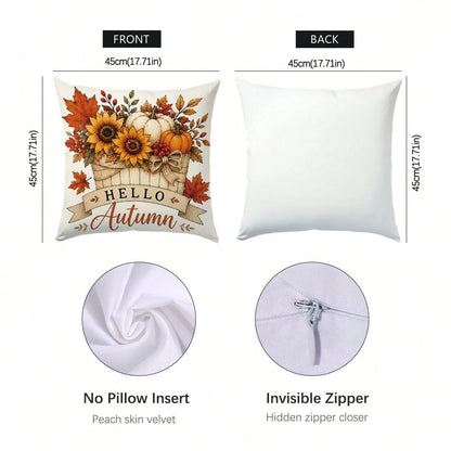 6pcs Vintage Autumn Scarecrow Pumpkin Floral Cushion Covers, Single-Sided Printed Peach Skin Polyester Material, 45*45CM/18*18inch Pillow Covers Suitable For Room Decor, Modern Minimalist Sofa Living