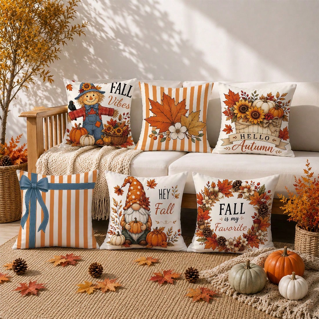6pcs Vintage Autumn Scarecrow Pumpkin Floral Cushion Covers, Single-Sided Printed Peach Skin Polyester Material, 45*45CM/18*18inch Pillow Covers Suitable For Room Decor, Modern Minimalist Sofa Living