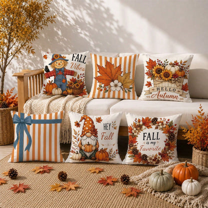 6pcs Vintage Autumn Scarecrow Pumpkin Floral Cushion Covers, Single-Sided Printed Peach Skin Polyester Material, 45*45CM/18*18inch Pillow Covers Suitable For Room Decor, Modern Minimalist Sofa Living