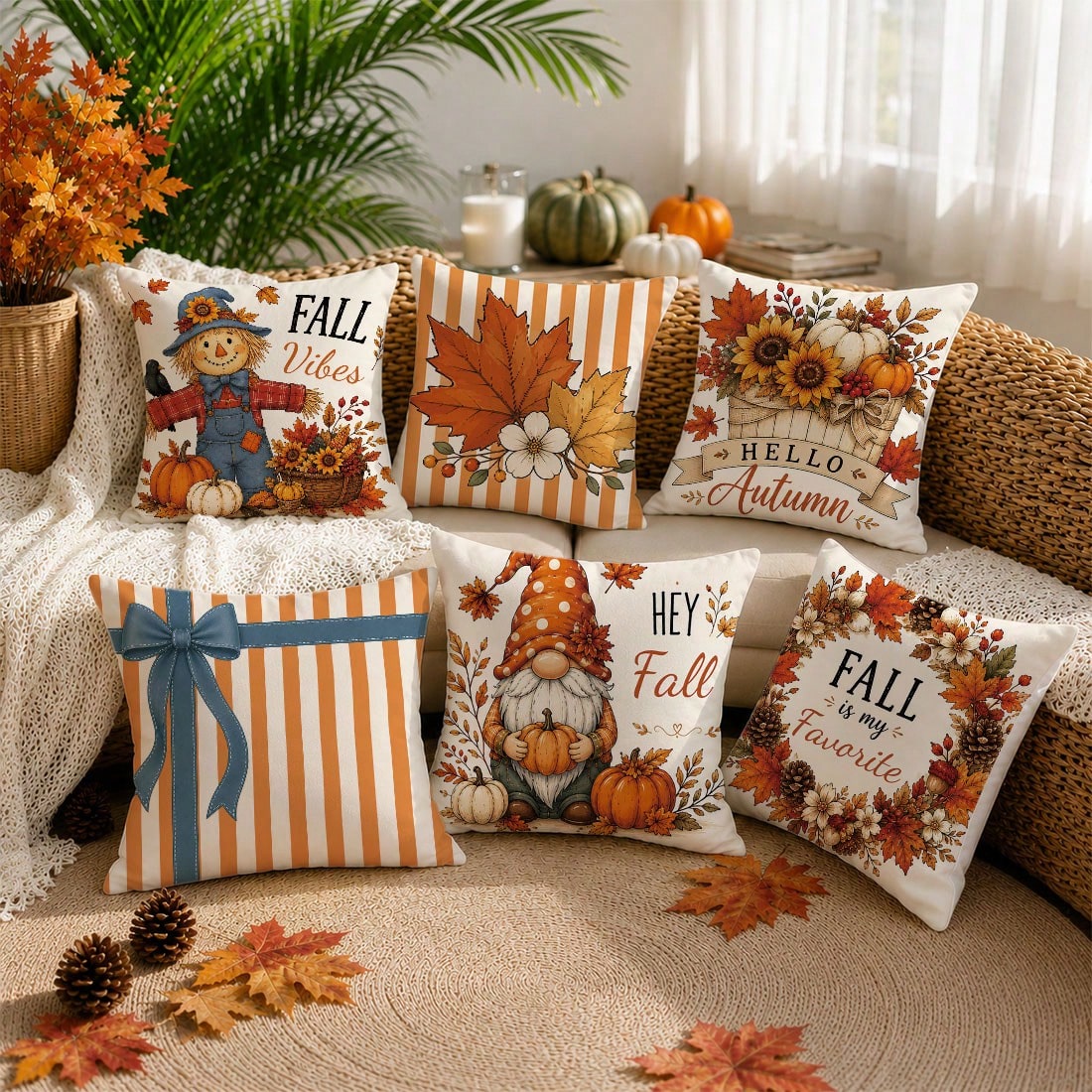 6pcs Vintage Autumn Scarecrow Pumpkin Floral Cushion Covers, Single-Sided Printed Peach Skin Polyester Material, 45*45CM/18*18inch Pillow Covers Suitable For Room Decor, Modern Minimalist Sofa Living