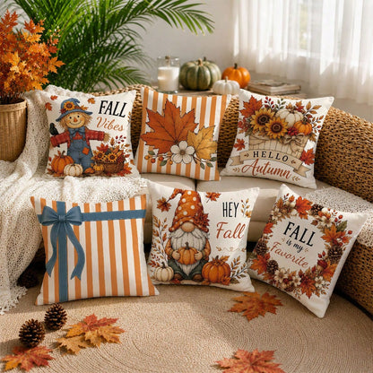 6pcs Vintage Autumn Scarecrow Pumpkin Floral Cushion Covers, Single-Sided Printed Peach Skin Polyester Material, 45*45CM/18*18inch Pillow Covers Suitable For Room Decor, Modern Minimalist Sofa Living