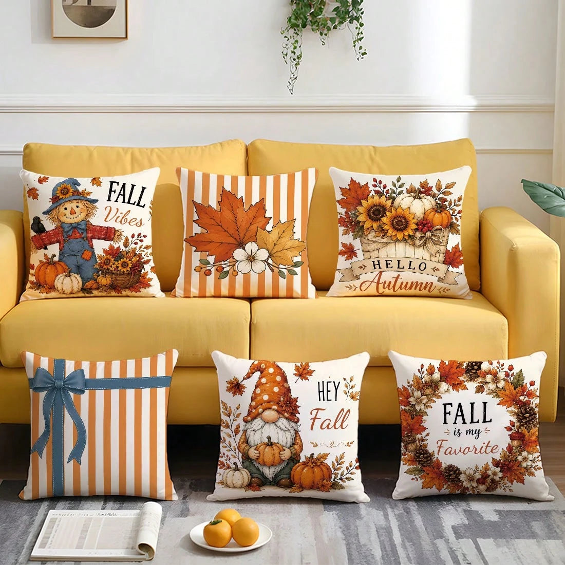 6pcs Vintage Autumn Scarecrow Pumpkin Floral Cushion Covers, Single-Sided Printed Peach Skin Polyester Material, 45*45CM/18*18inch Pillow Covers Suitable For Room Decor, Modern Minimalist Sofa Living