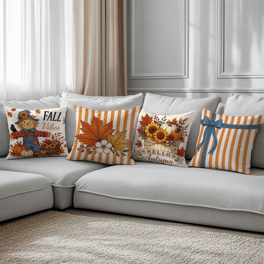 6pcs Vintage Autumn Scarecrow Pumpkin Floral Cushion Covers, Single-Sided Printed Peach Skin Polyester Material, 45*45CM/18*18inch Pillow Covers Suitable For Room Decor, Modern Minimalist Sofa Living