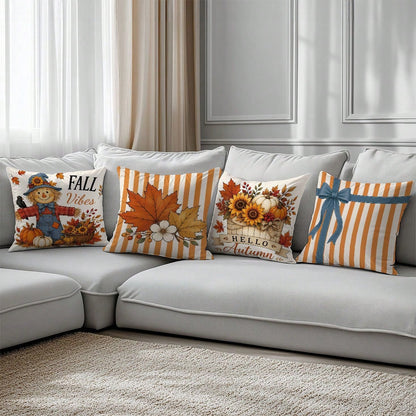 6pcs Vintage Autumn Scarecrow Pumpkin Floral Cushion Covers, Single-Sided Printed Peach Skin Polyester Material, 45*45CM/18*18inch Pillow Covers Suitable For Room Decor, Modern Minimalist Sofa Living