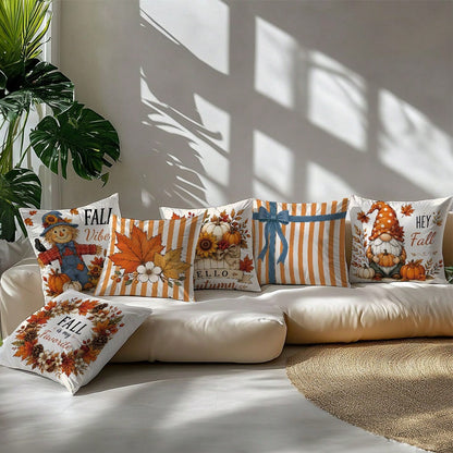 6pcs Vintage Autumn Scarecrow Pumpkin Floral Cushion Covers, Single-Sided Printed Peach Skin Polyester Material, 45*45CM/18*18inch Pillow Covers Suitable For Room Decor, Modern Minimalist Sofa Living