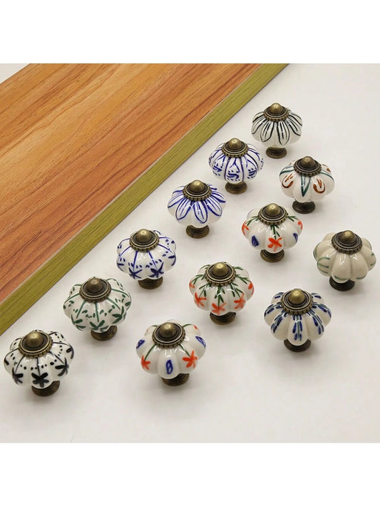 6pcs Vintage Ceramic Knob, Blue & White Pumpkin Shaped Cabinet Knob/Drawer Pull Handle, Furniture Hardware Suitable For Cabinet, Drawer, Wardrobe