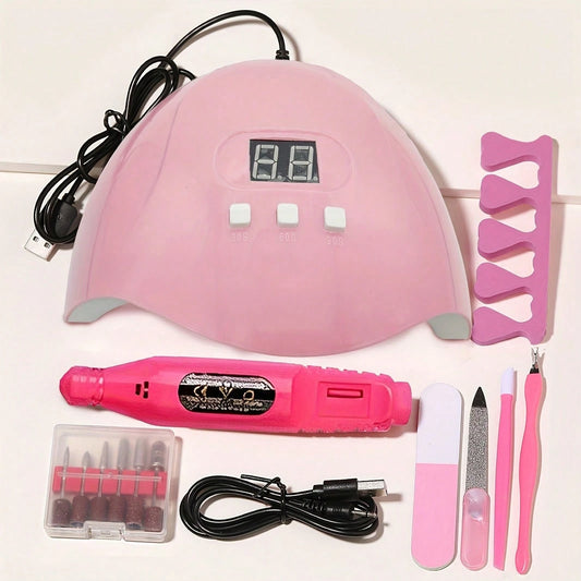 7-In-1 Nail Art Tool Set With Nail Lamp, Glue Drying Machine, Nail Polisher, Dead Skin Fork, Dead Skin Push, Finger Divider- Stainless Steel Kit For Professional Nail Artists